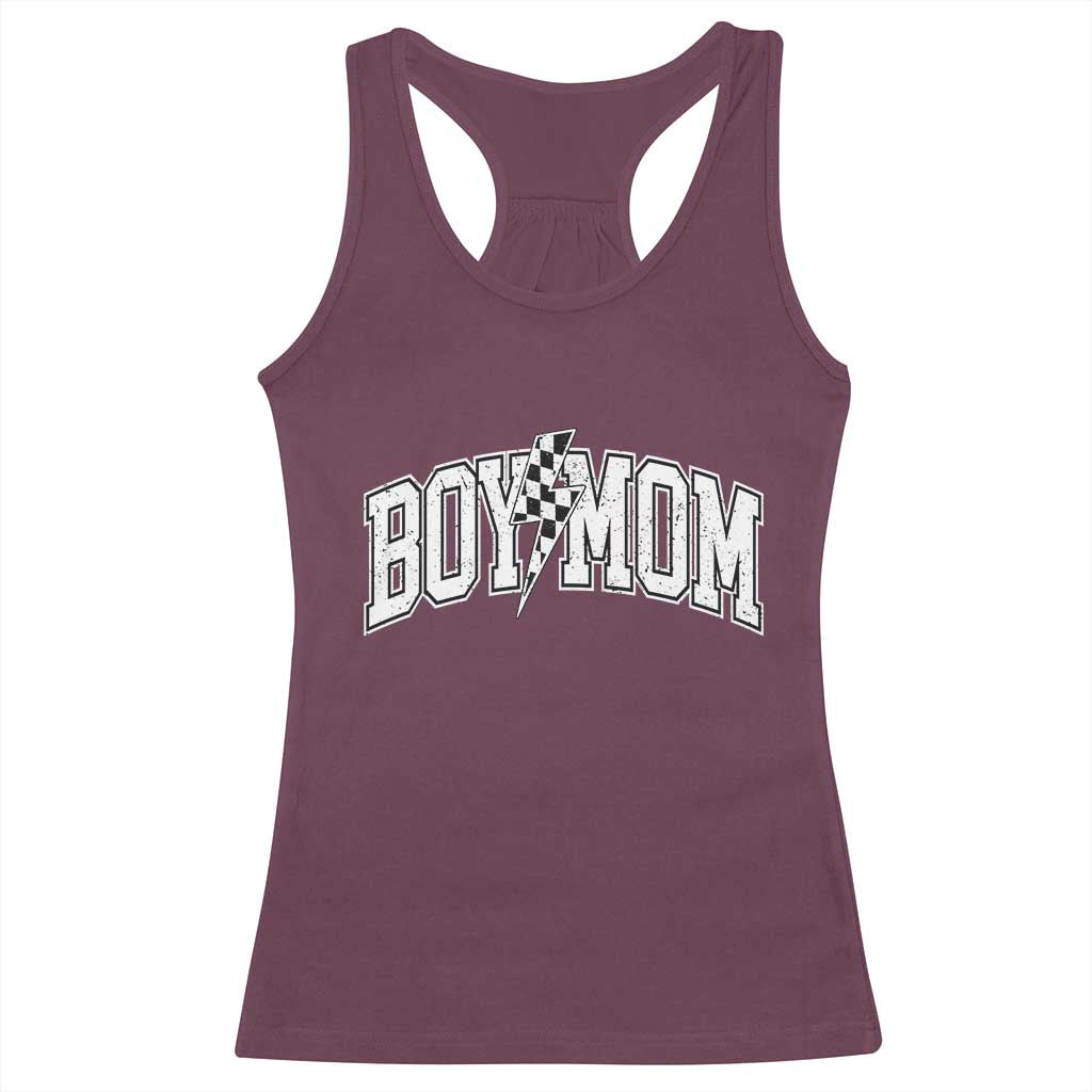 Boy Mom Lightning Bolt Checkered Varsity Son Mama Racerback Tank Top