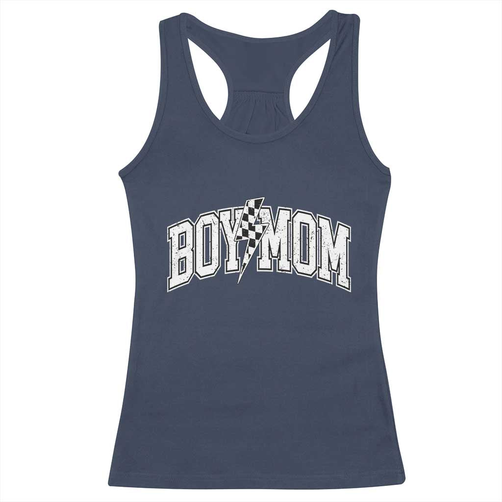 Boy Mom Lightning Bolt Checkered Varsity Son Mama Racerback Tank Top