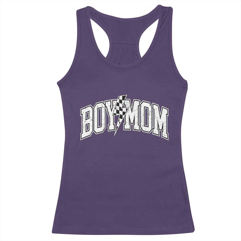 Boy Mom Lightning Bolt Checkered Varsity Son Mama Racerback Tank Top