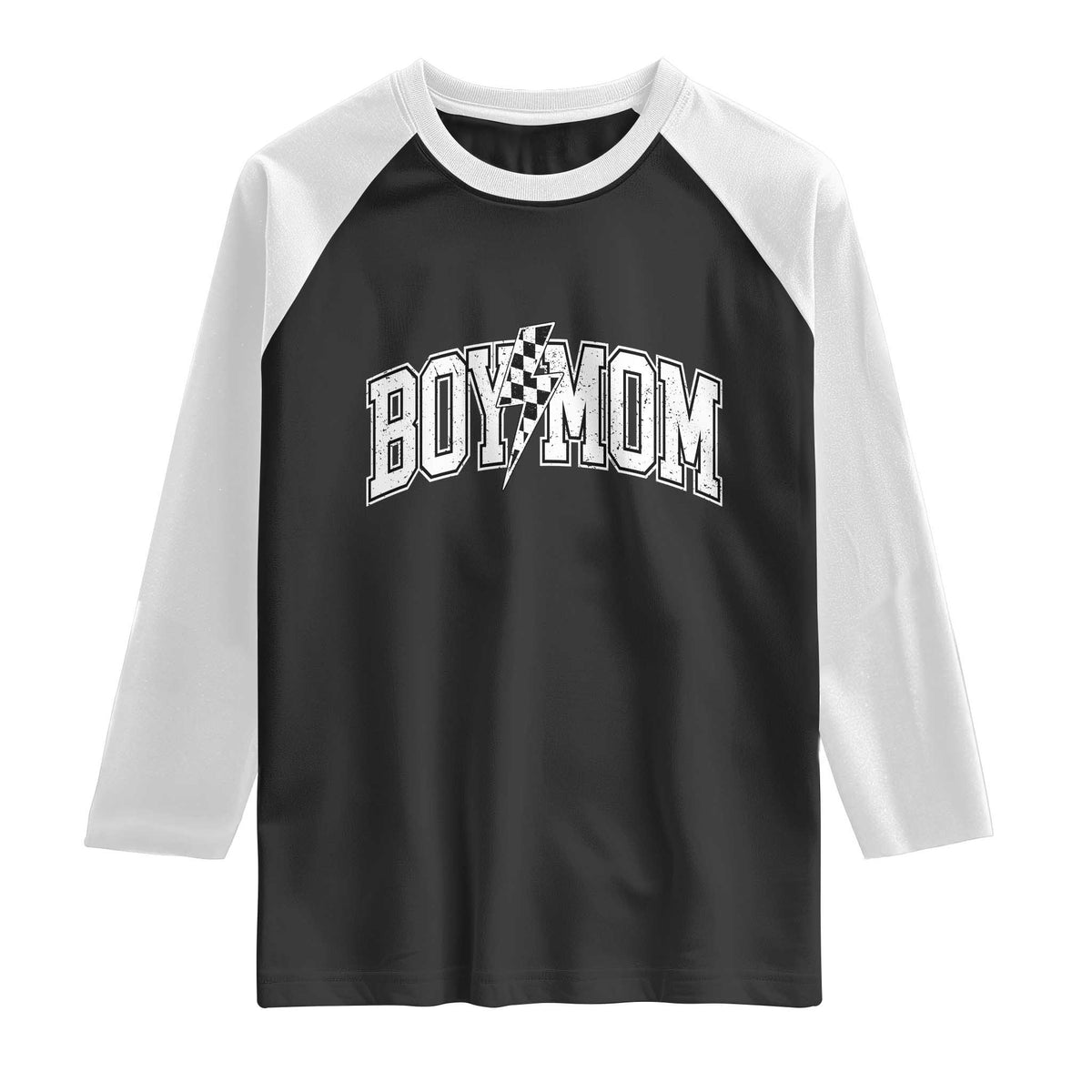 Boy Mom Lightning Bolt Checkered Varsity Son Mama Raglan Shirt