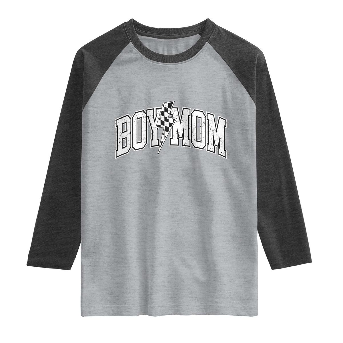 Boy Mom Lightning Bolt Checkered Varsity Son Mama Raglan Shirt