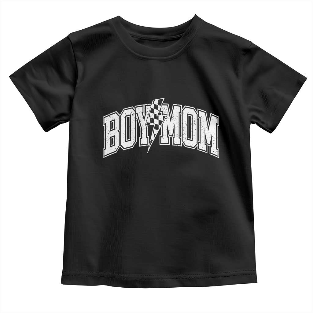 Boy Mom Lightning Bolt Checkered Varsity Son Mama Toddler T Shirt