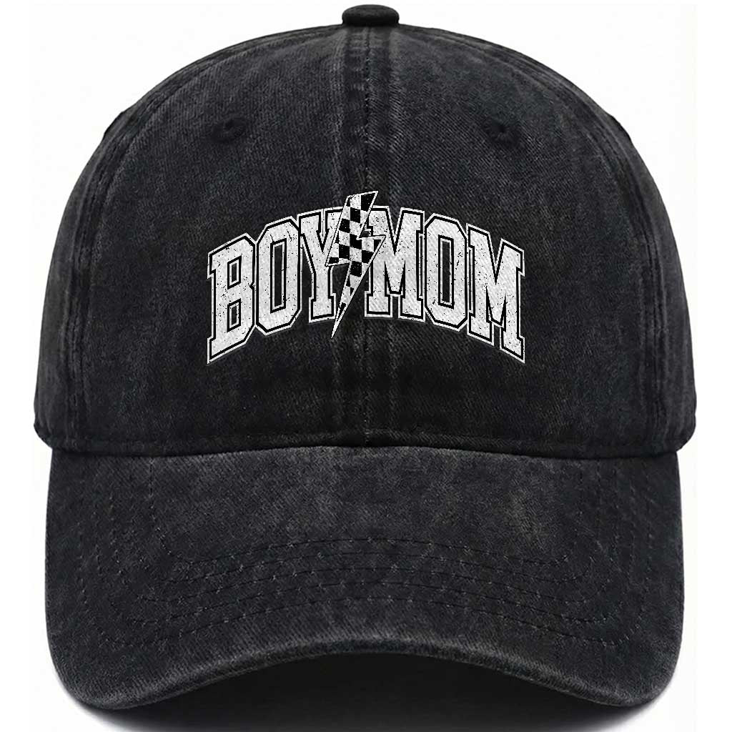 Boy Mom Lightning Bolt Checkered Varsity Son Mama Washed Cotton Baseball Cap