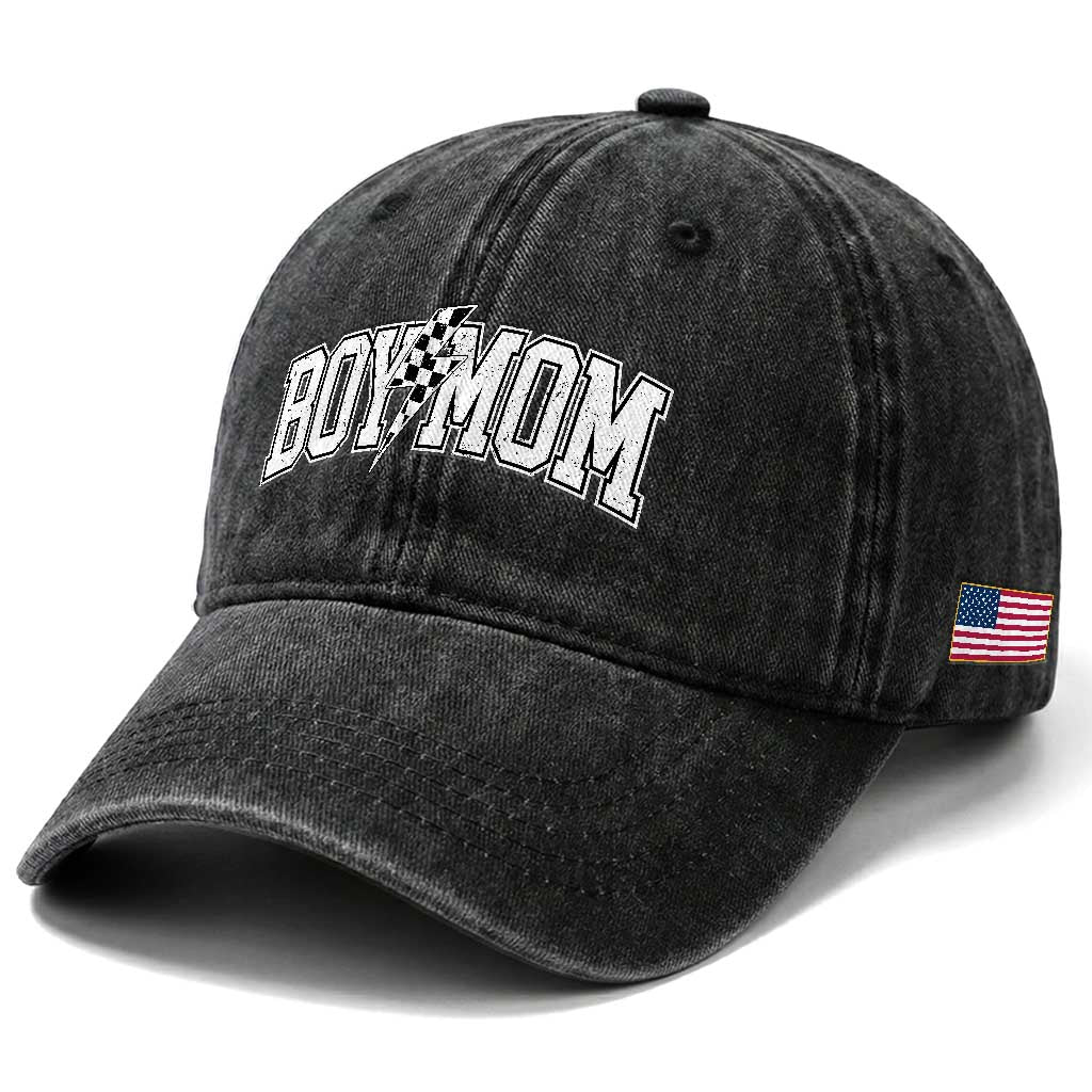 Boy Mom Lightning Bolt Checkered Varsity Son Mama Washed Cotton Baseball Cap