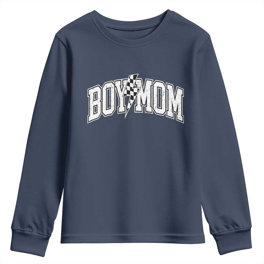 Boy Mom Lightning Bolt Checkered Varsity Son Mama Youth Sweatshirt