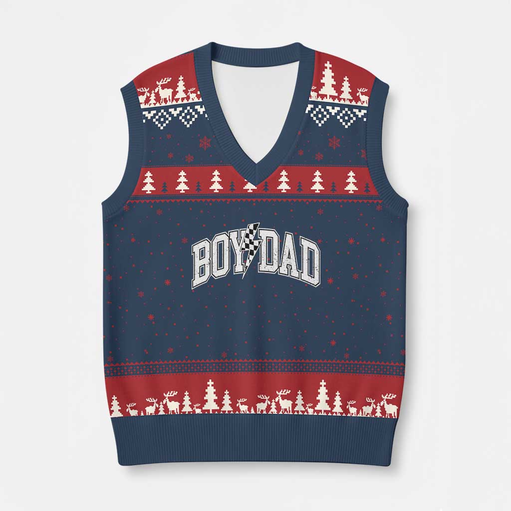 Boy Dad Lightning Bolt Checkered Varsity Son Daddy V-Neck Knit Sweater Vest