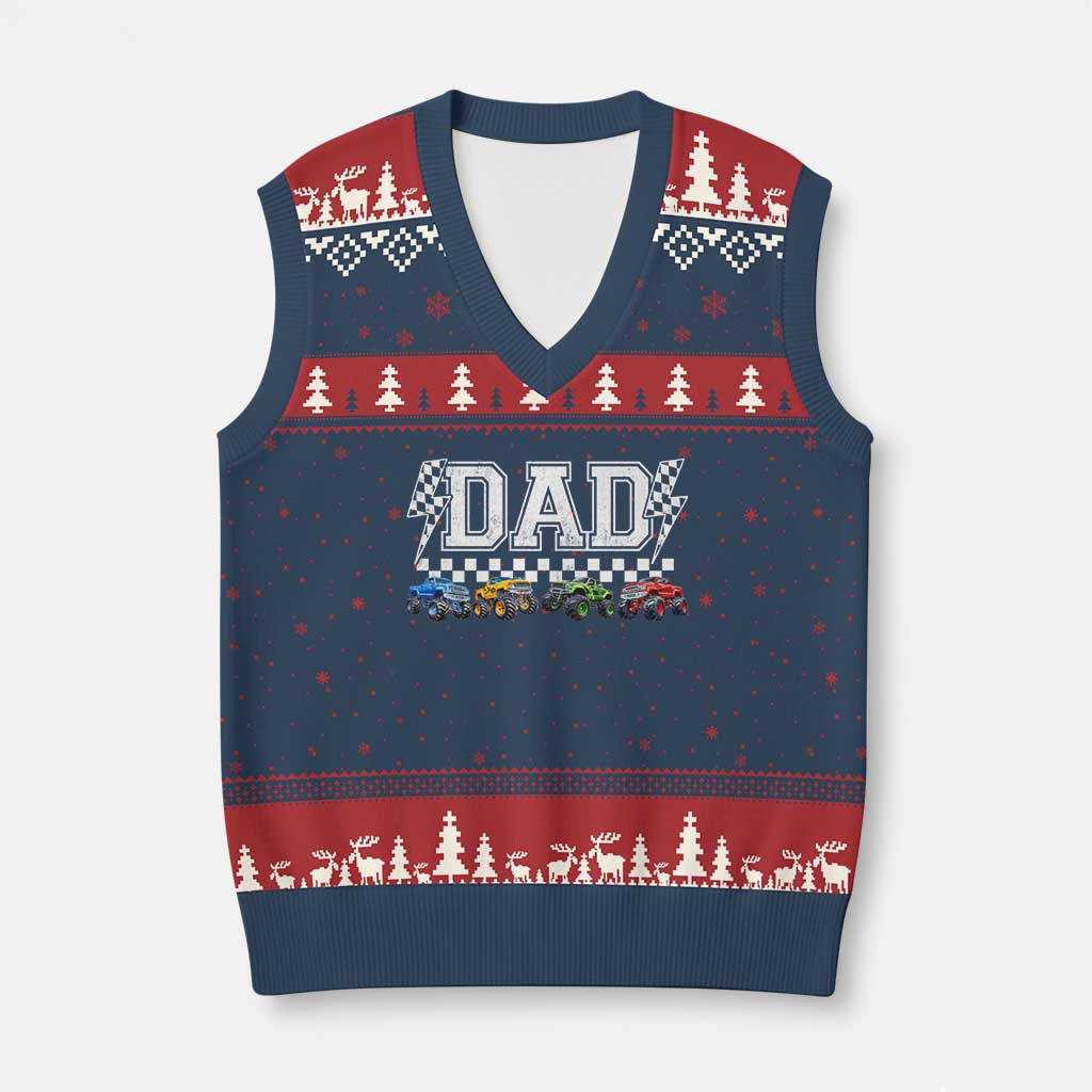 Monster Truck Dad V-Neck Knit Sweater Vest Funny Truck Daddy Checkered Father's Day