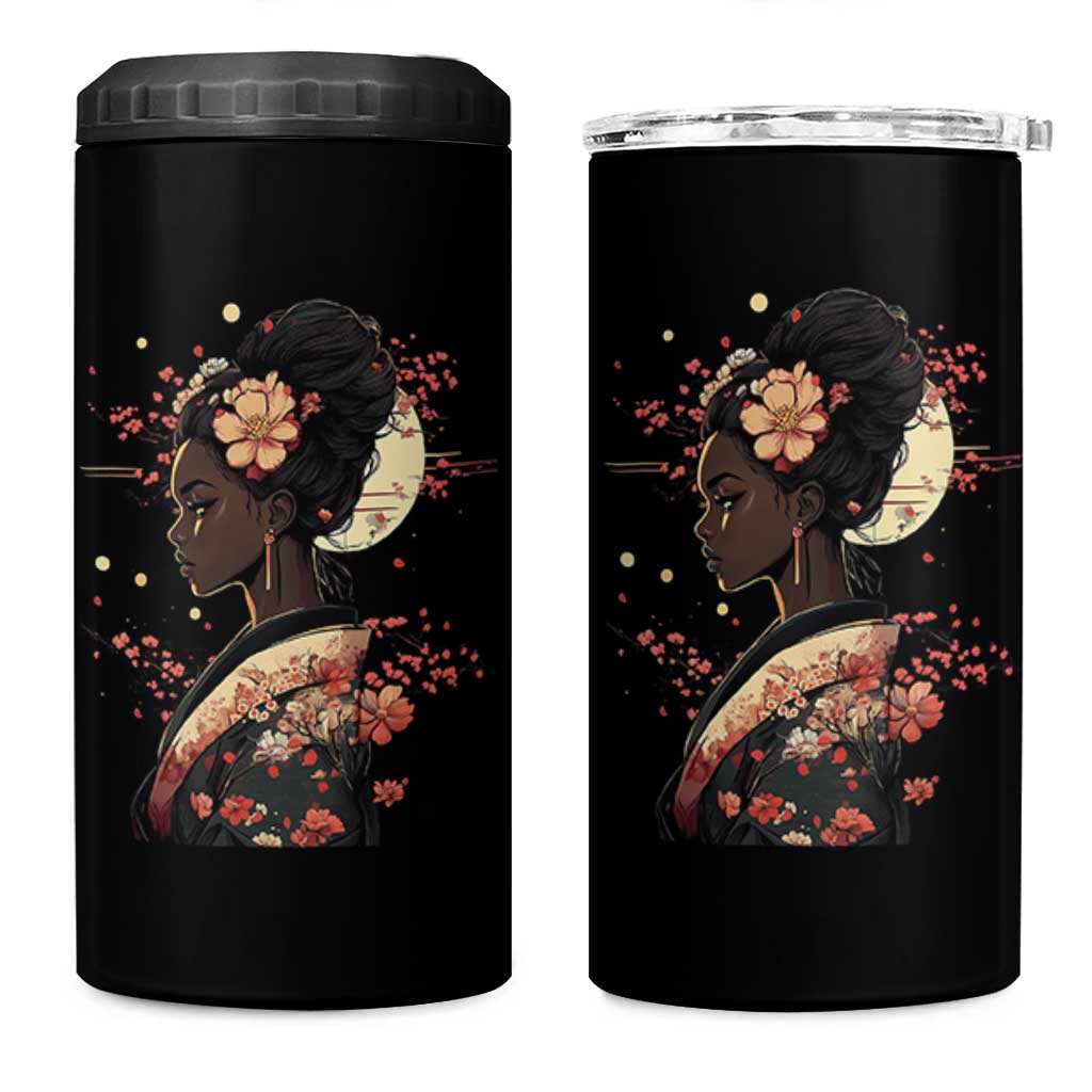 African American Geisha Kimono Blasian Japanese Sakura 4 in 1 Can Cooler Tumbler