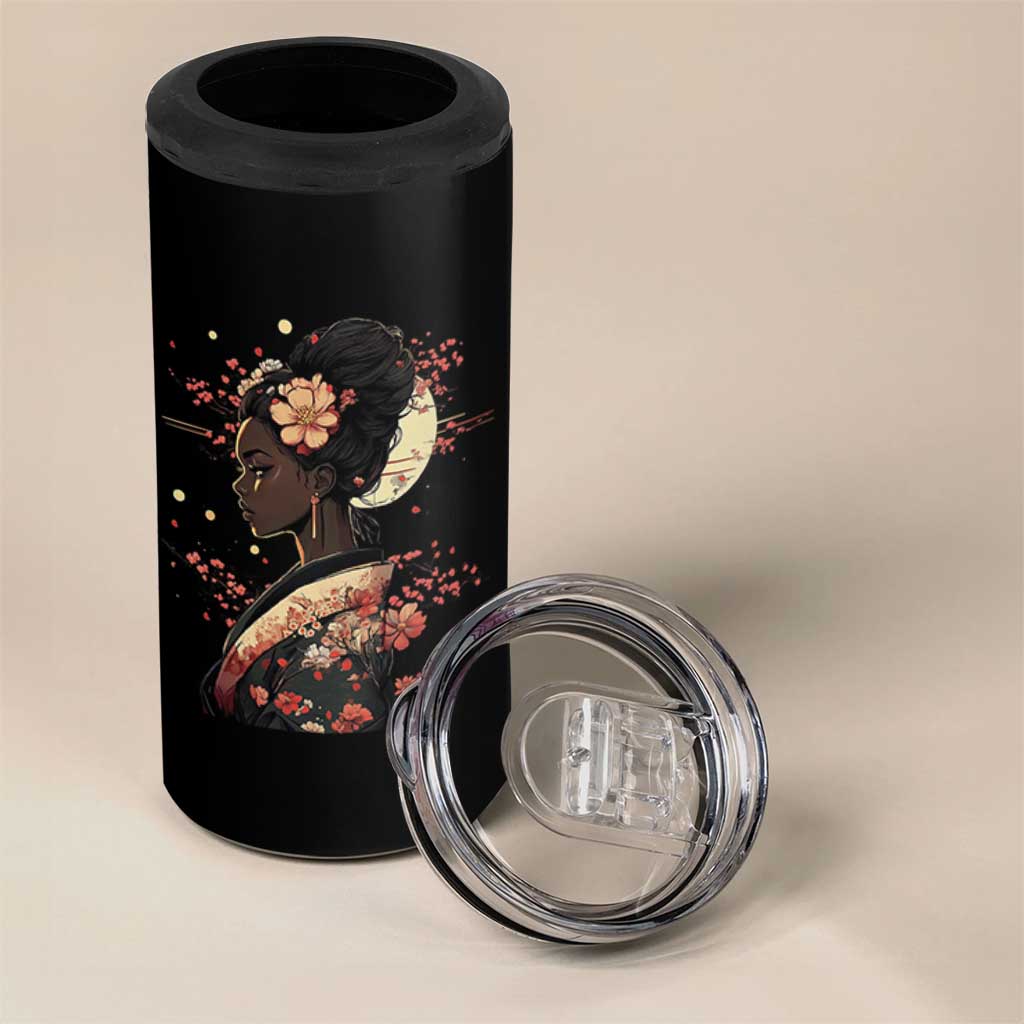 African American Geisha Kimono Blasian Japanese Sakura 4 in 1 Can Cooler Tumbler