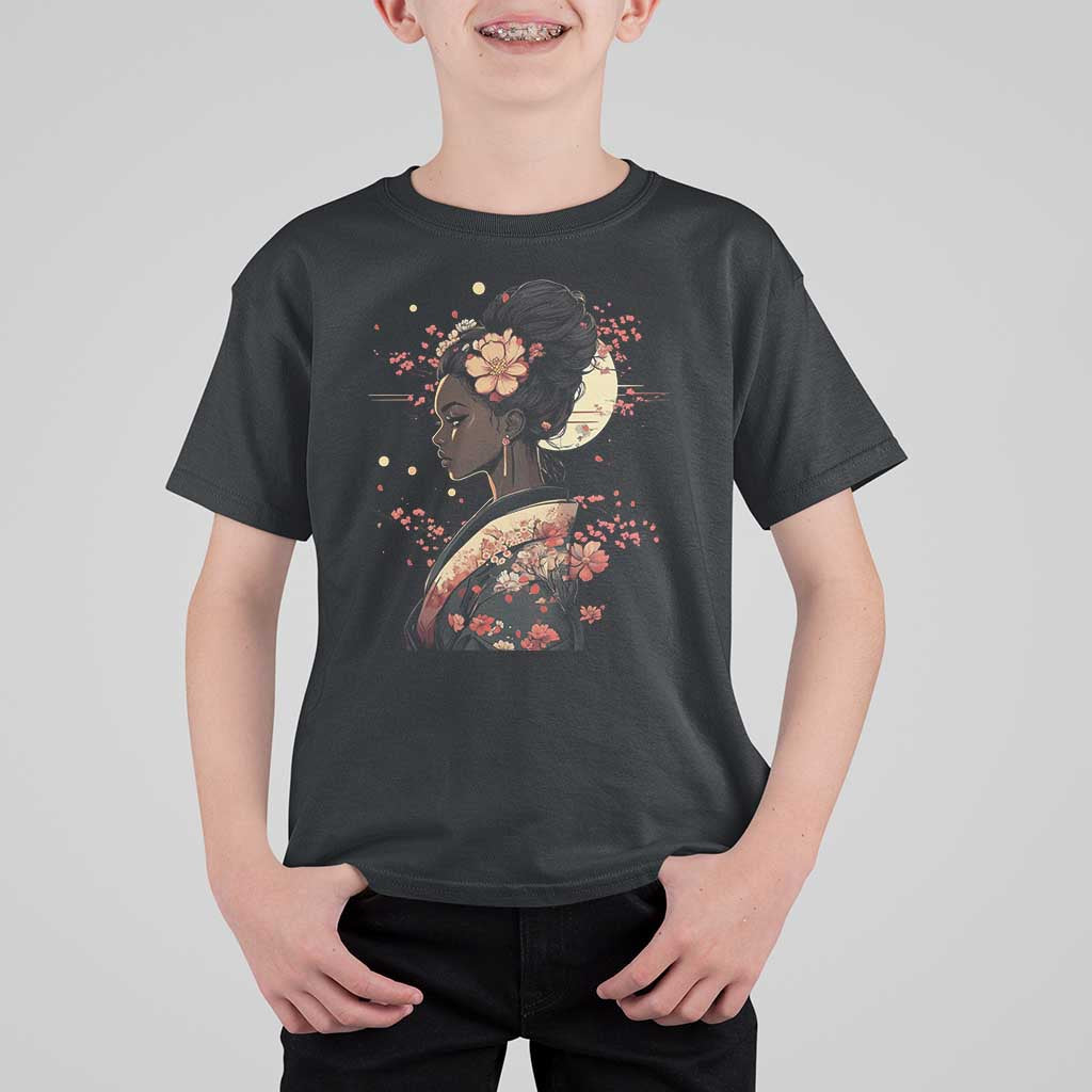 African American Geisha Kimono Blasian Japanese Sakura T Shirt For Kid