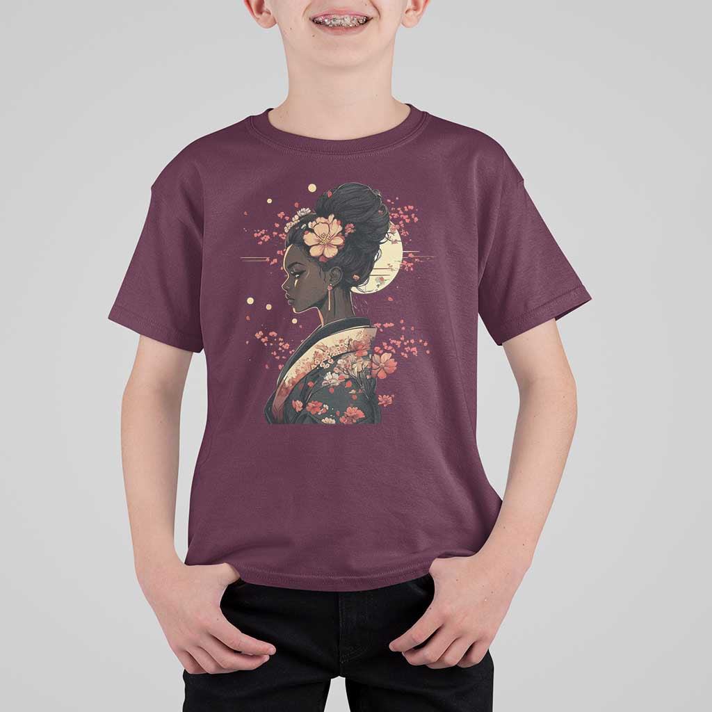 African American Geisha Kimono Blasian Japanese Sakura T Shirt For Kid
