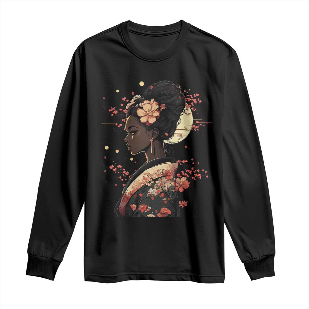 African American Geisha Kimono Blasian Japanese Sakura Long Sleeve Shirt