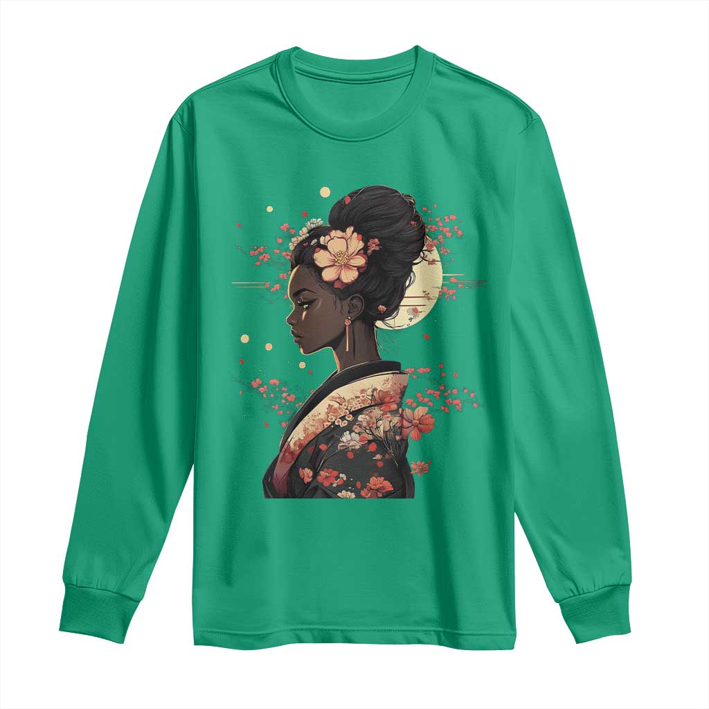 African American Geisha Kimono Blasian Japanese Sakura Long Sleeve Shirt