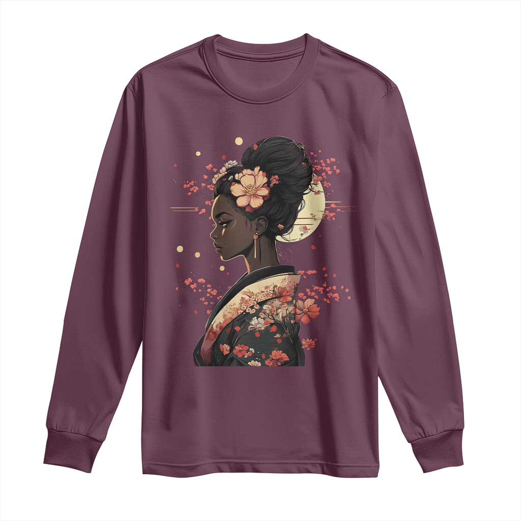 African American Geisha Kimono Blasian Japanese Sakura Long Sleeve Shirt