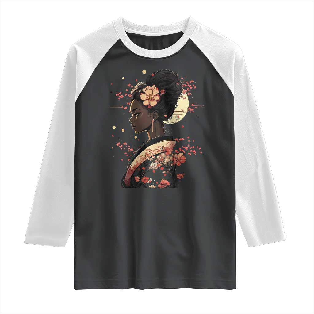 African American Geisha Kimono Blasian Japanese Sakura Raglan Shirt