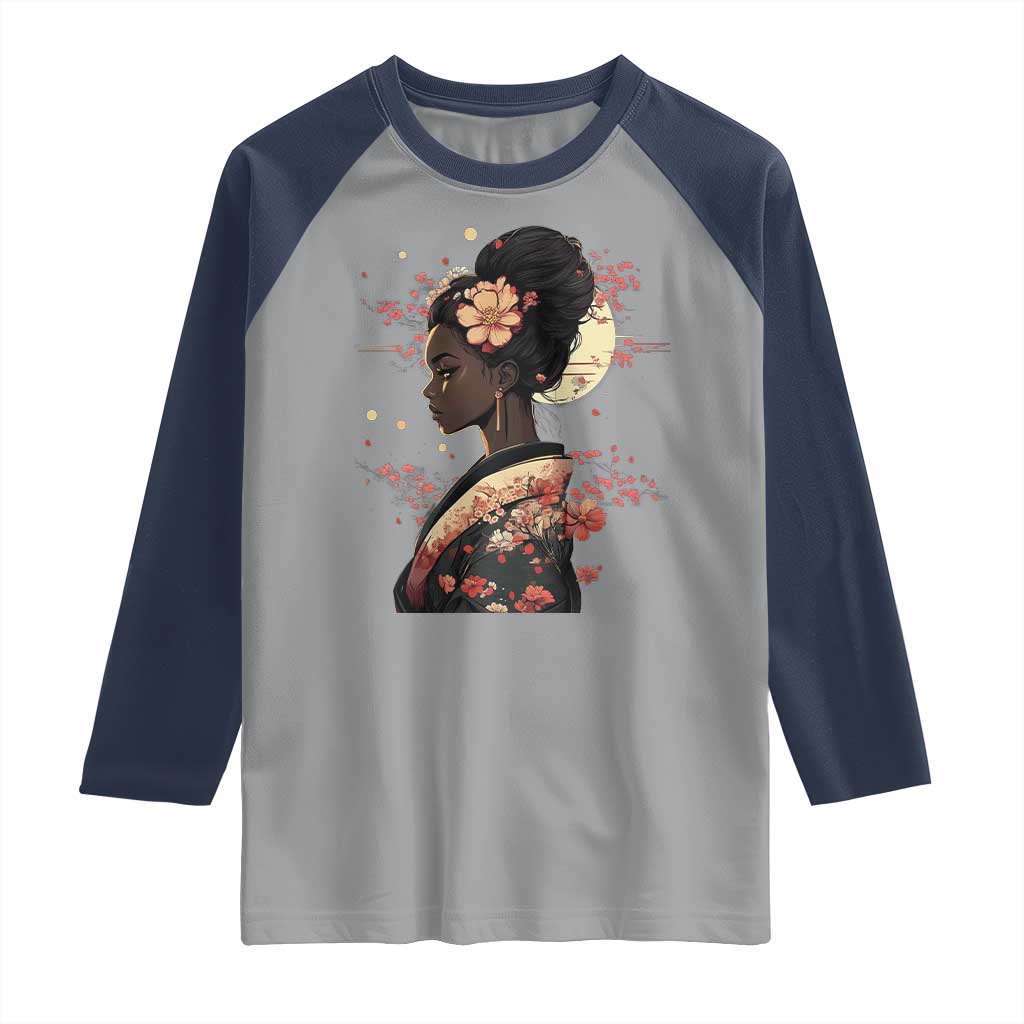 African American Geisha Kimono Blasian Japanese Sakura Raglan Shirt