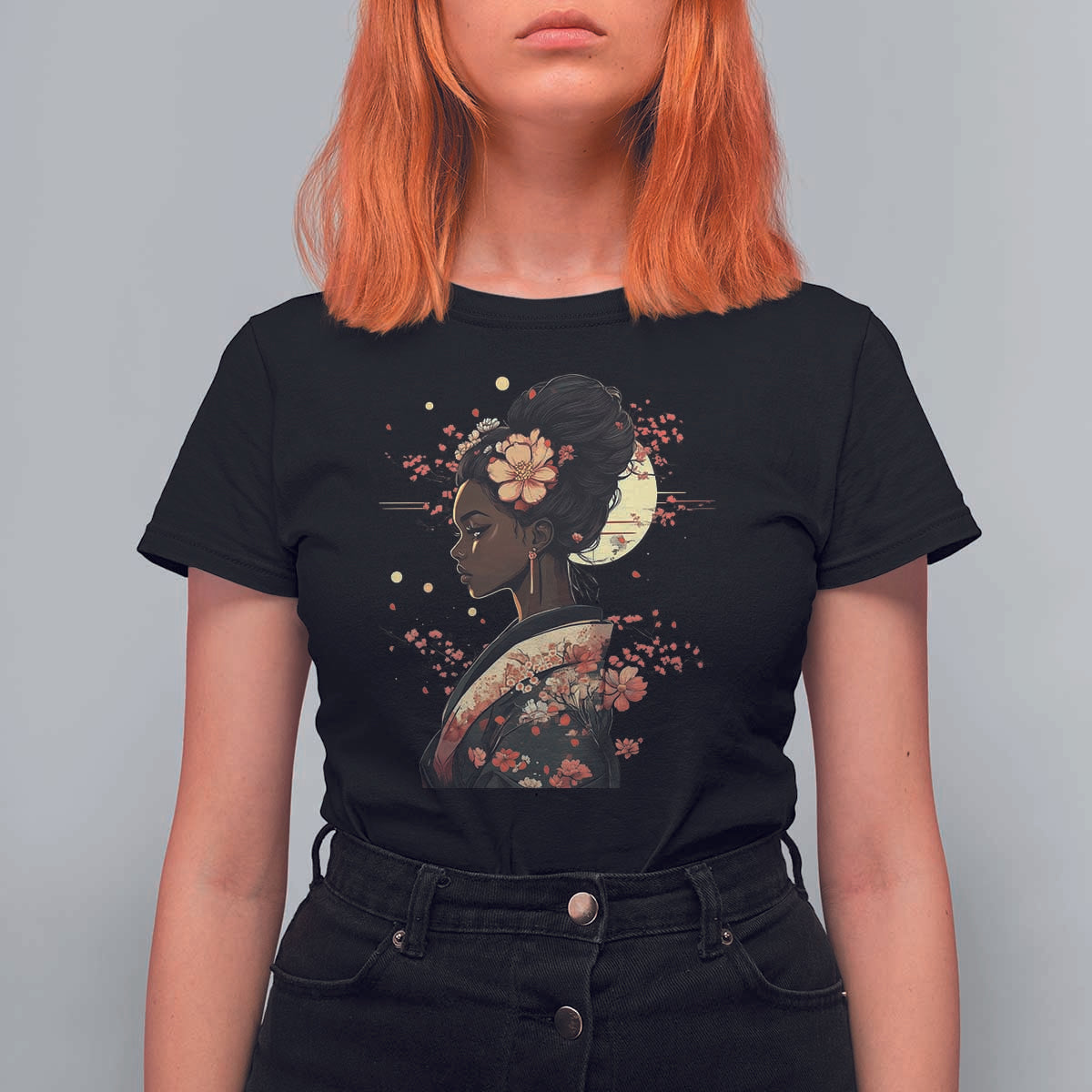 African American Geisha Kimono Blasian Japanese Sakura T Shirt For Women