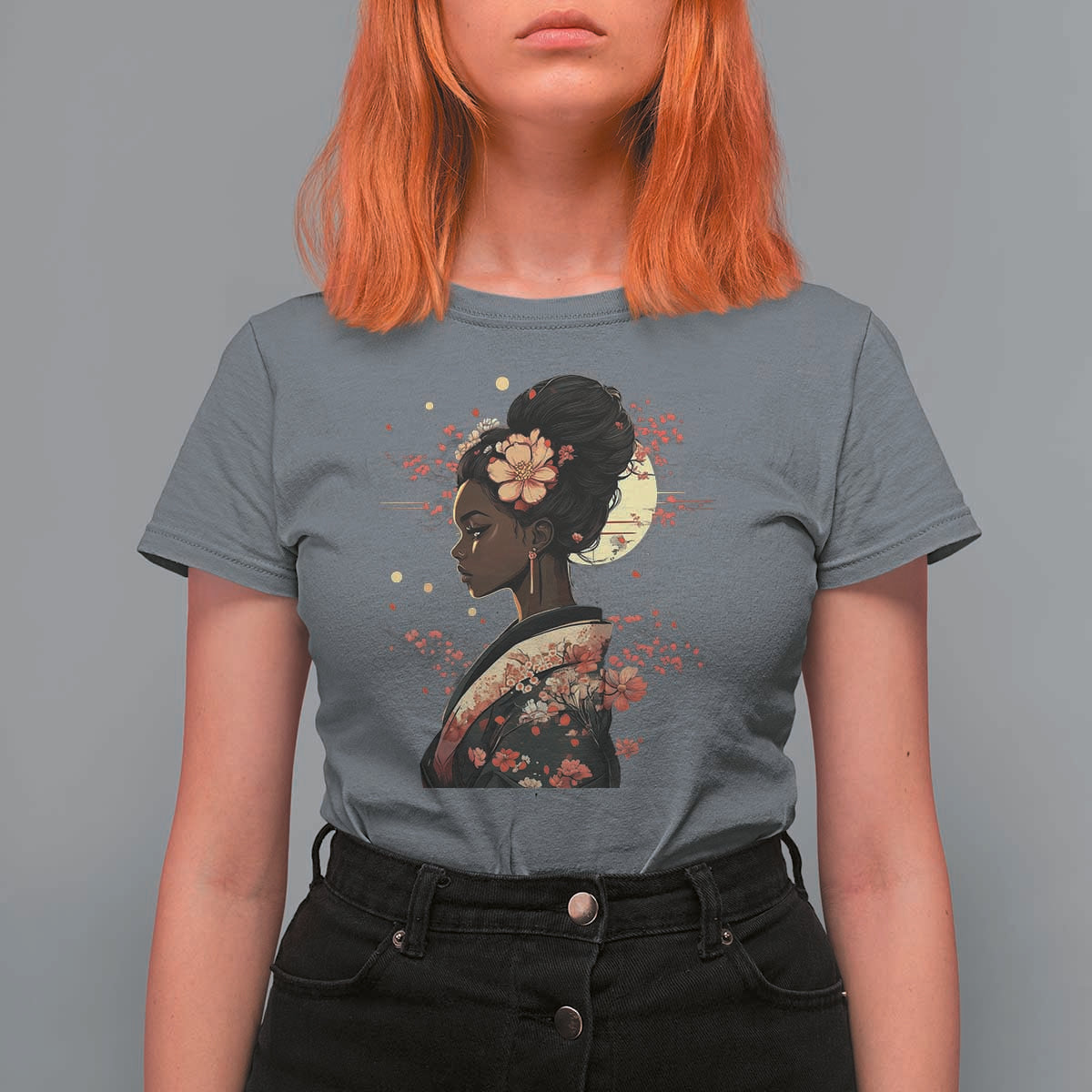 African American Geisha Kimono Blasian Japanese Sakura T Shirt For Women