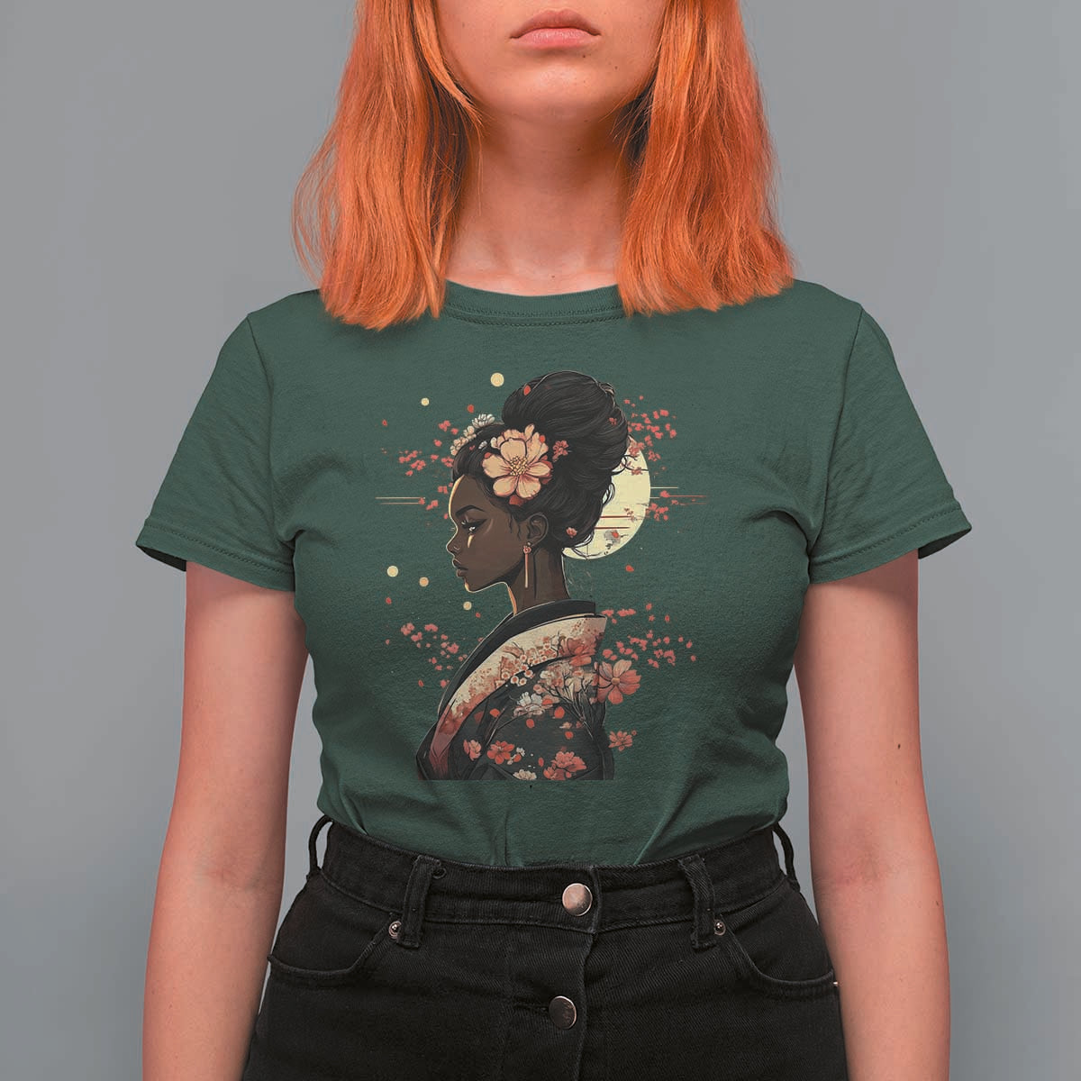African American Geisha Kimono Blasian Japanese Sakura T Shirt For Women
