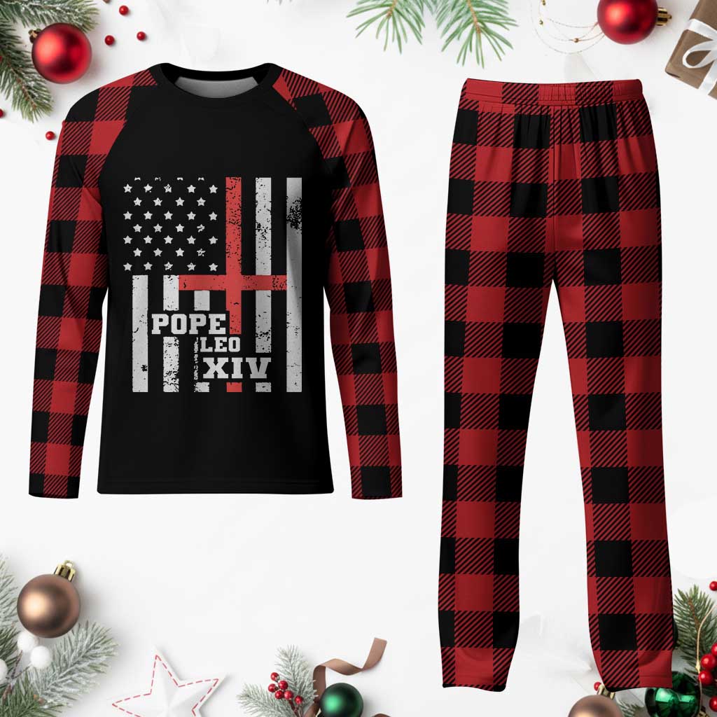Pope Leo XIV Plaid Pajama Set First American Pope Catholic Religious Cross American Flag - Wonder Print Shop