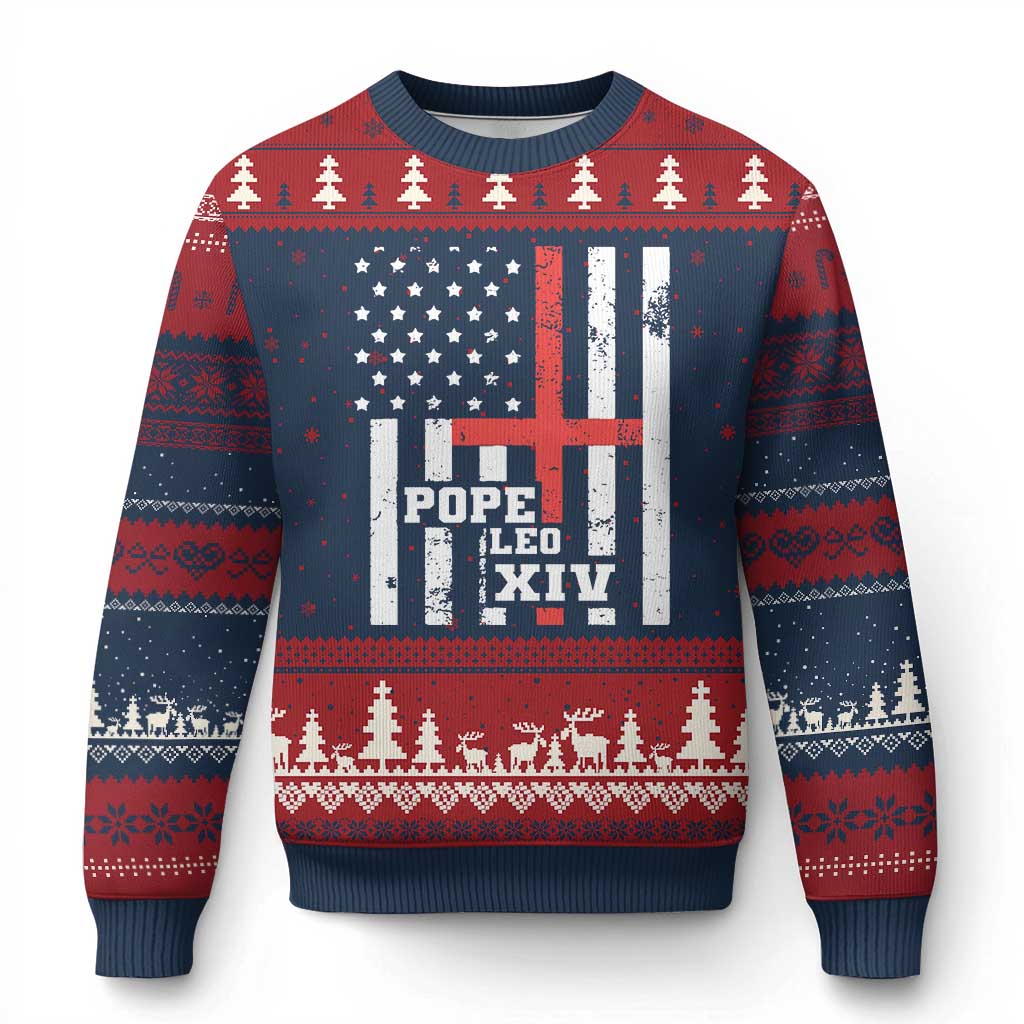 Pope Leo XIV Ugly Christmas Sweater First American Pope Catholic Religious Cross American Flag - Wonder Print Shop