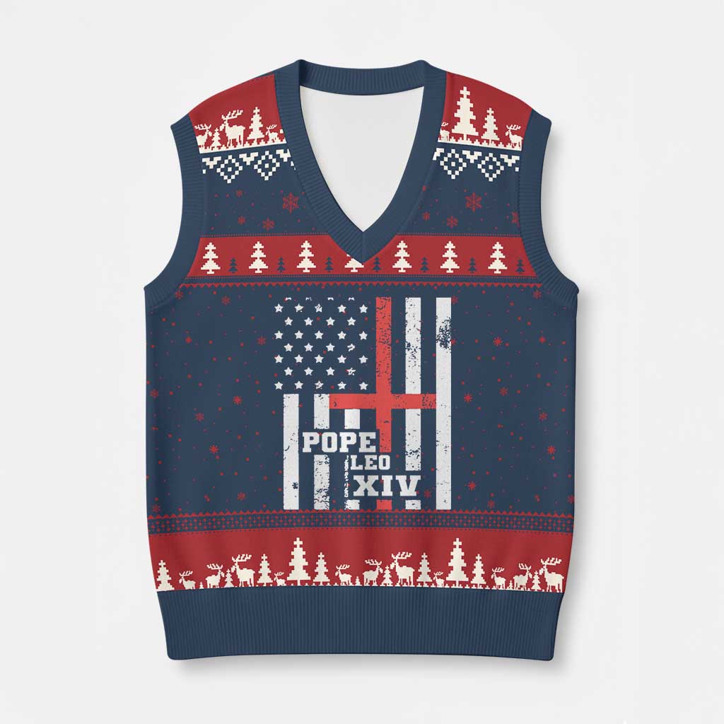 Pope Leo XIV V-Neck Knit Sweater Vest First American Pope Catholic Religious Cross American Flag - Wonder Print Shop