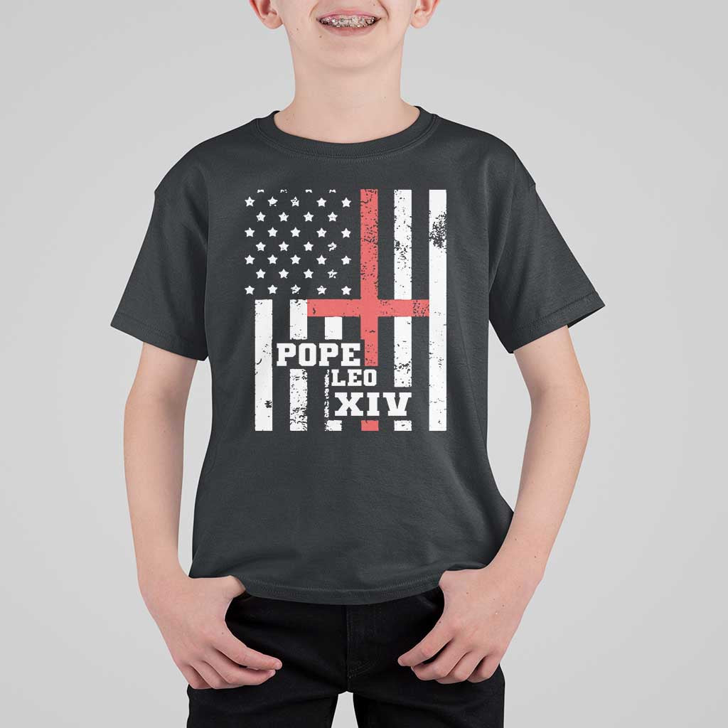 Pope Leo XIV T Shirt For Kid First American Pope Catholic Religious Cross American Flag