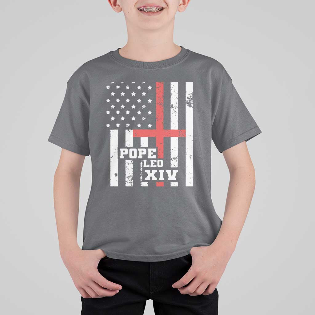 Pope Leo XIV T Shirt For Kid First American Pope Catholic Religious Cross American Flag