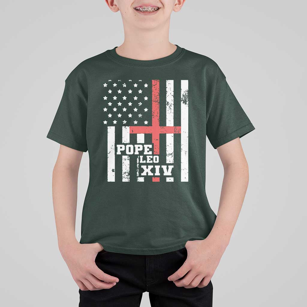 Pope Leo XIV T Shirt For Kid First American Pope Catholic Religious Cross American Flag
