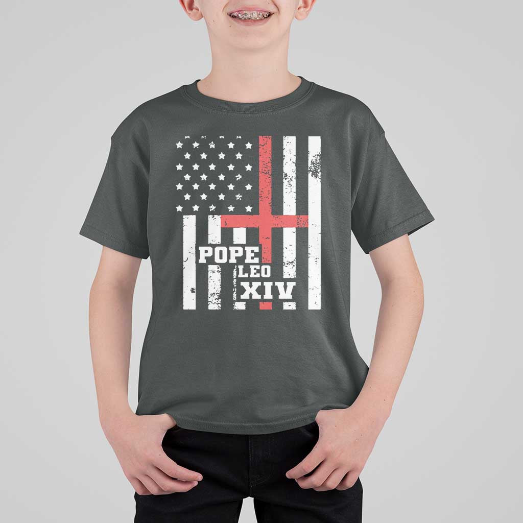 Pope Leo XIV T Shirt For Kid First American Pope Catholic Religious Cross American Flag