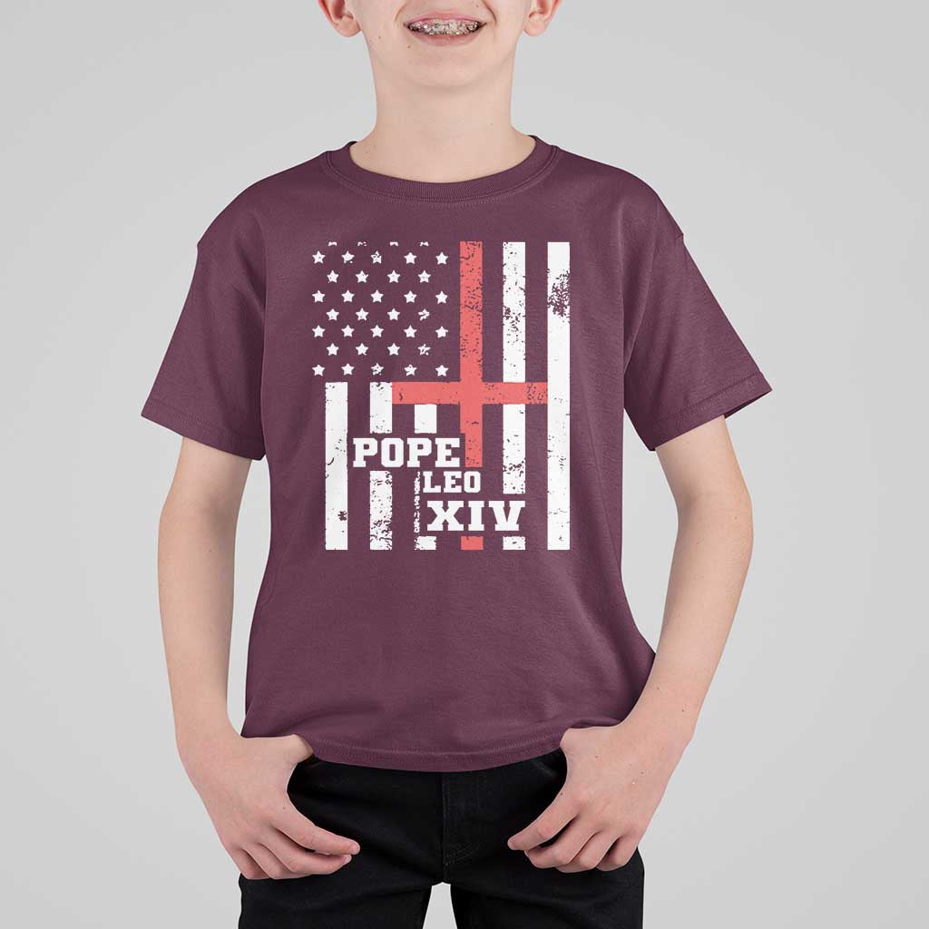 Pope Leo XIV T Shirt For Kid First American Pope Catholic Religious Cross American Flag