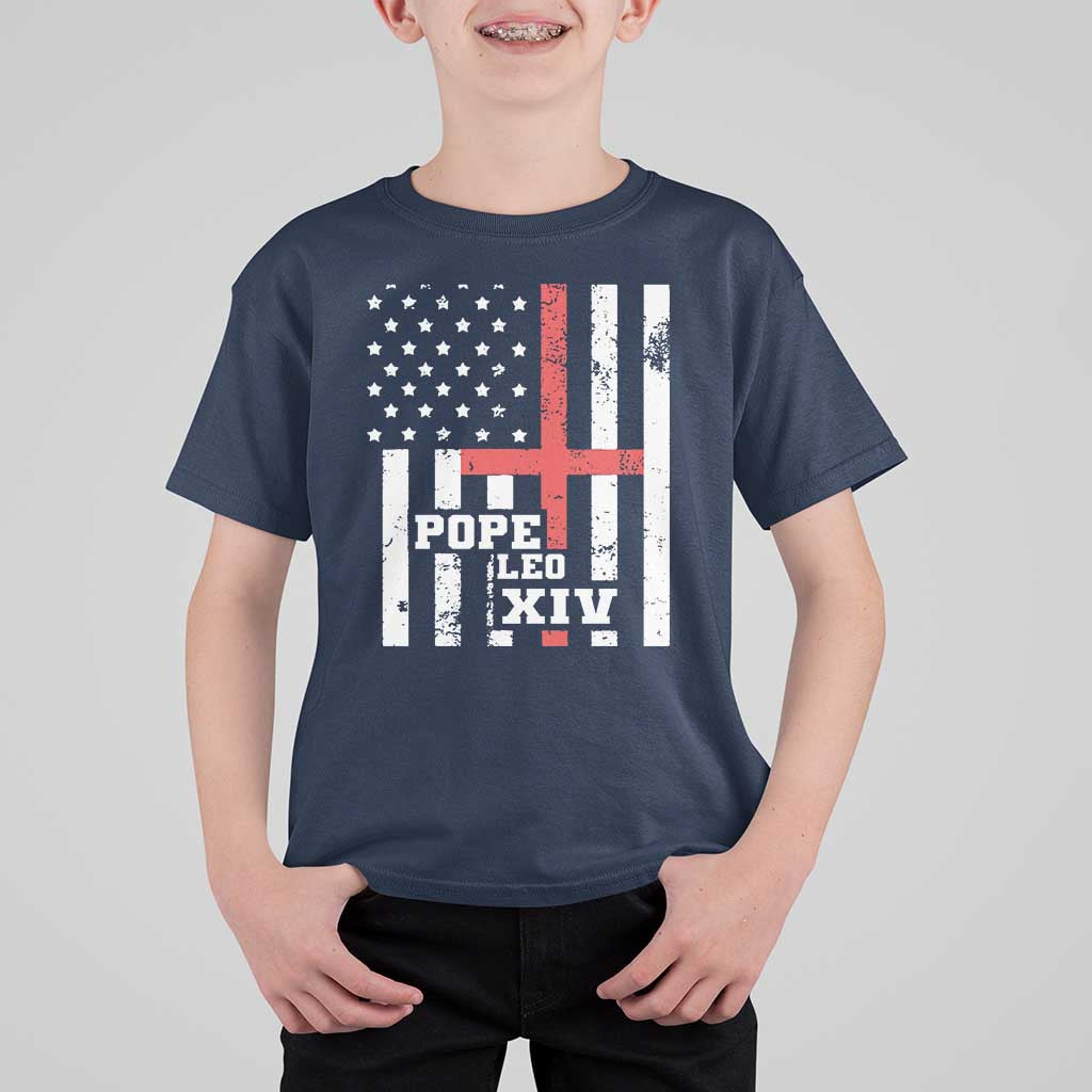 Pope Leo XIV T Shirt For Kid First American Pope Catholic Religious Cross American Flag