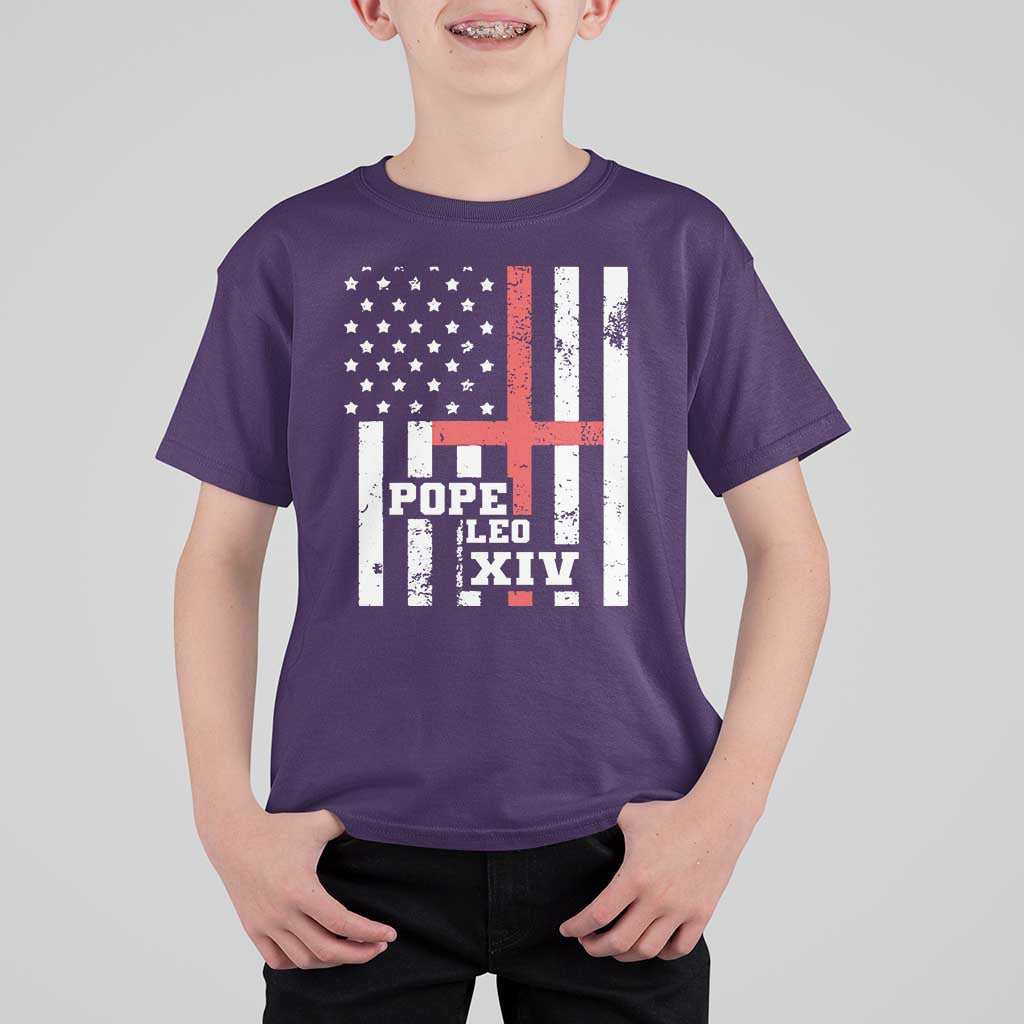 Pope Leo XIV T Shirt For Kid First American Pope Catholic Religious Cross American Flag