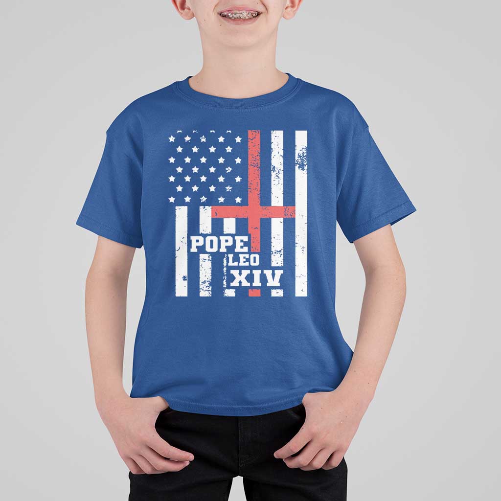 Pope Leo XIV T Shirt For Kid First American Pope Catholic Religious Cross American Flag