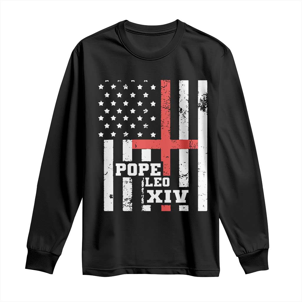 Pope Leo XIV Long Sleeve Shirt First American Pope Catholic Religious Cross American Flag