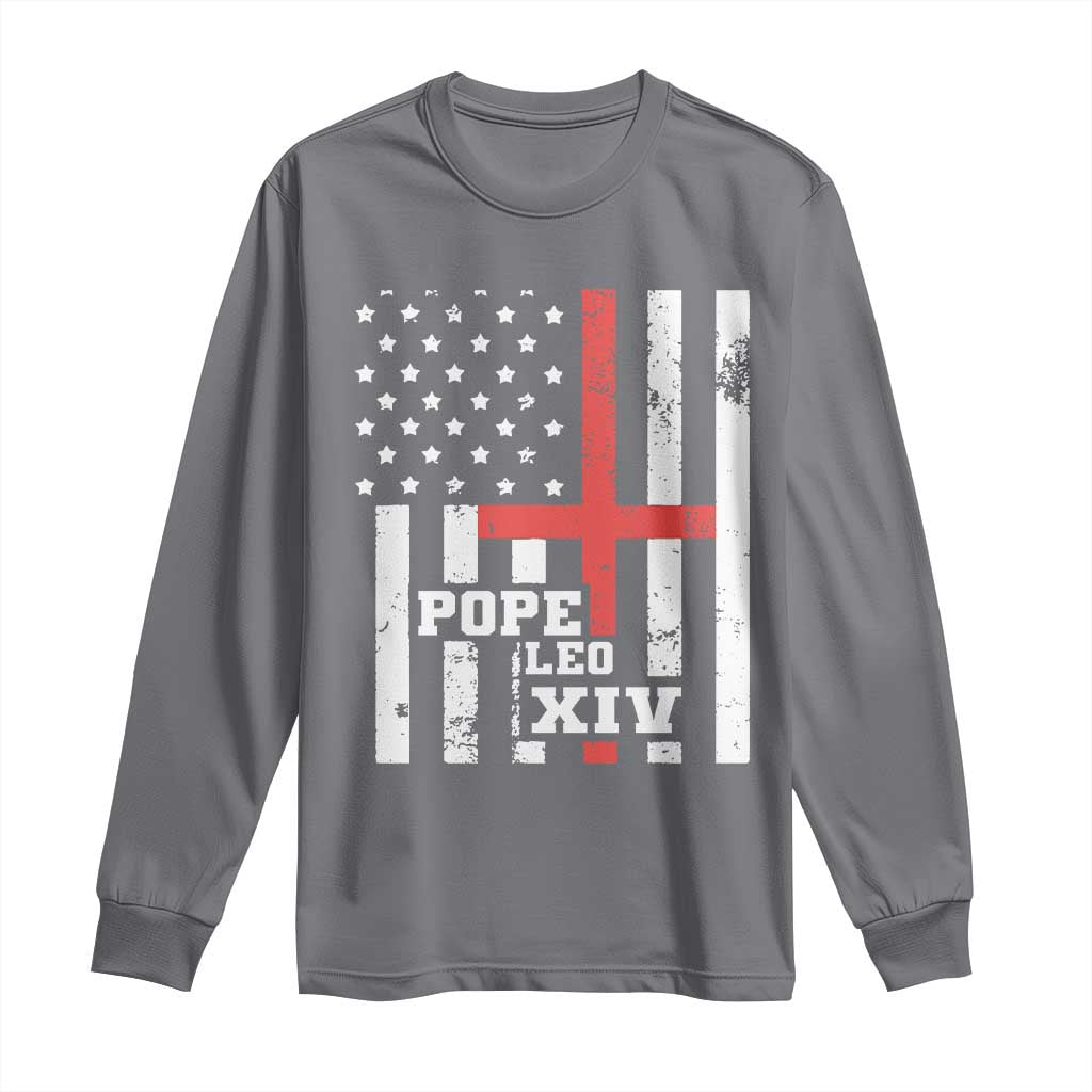 Pope Leo XIV Long Sleeve Shirt First American Pope Catholic Religious Cross American Flag