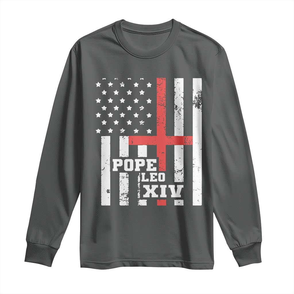 Pope Leo XIV Long Sleeve Shirt First American Pope Catholic Religious Cross American Flag
