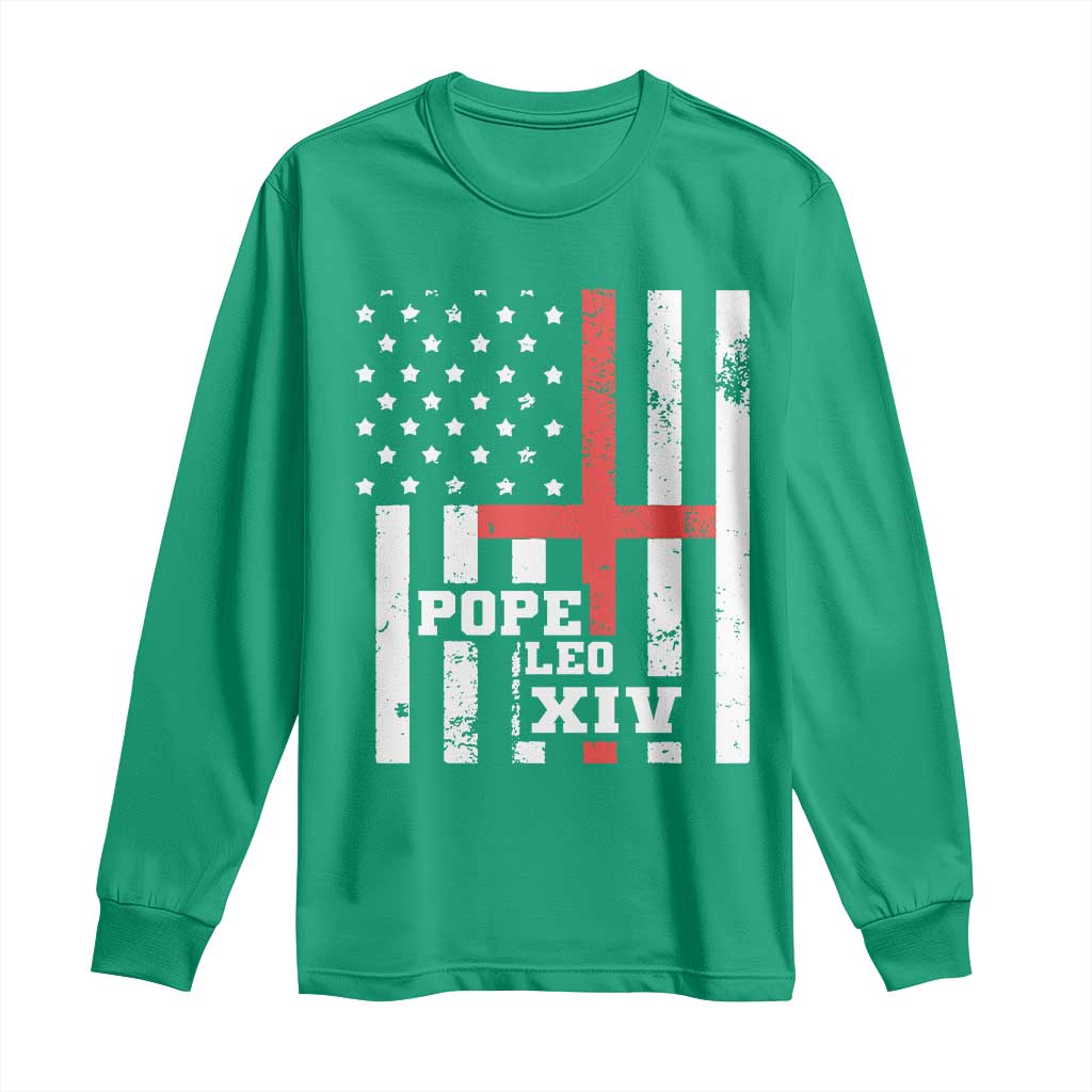 Pope Leo XIV Long Sleeve Shirt First American Pope Catholic Religious Cross American Flag