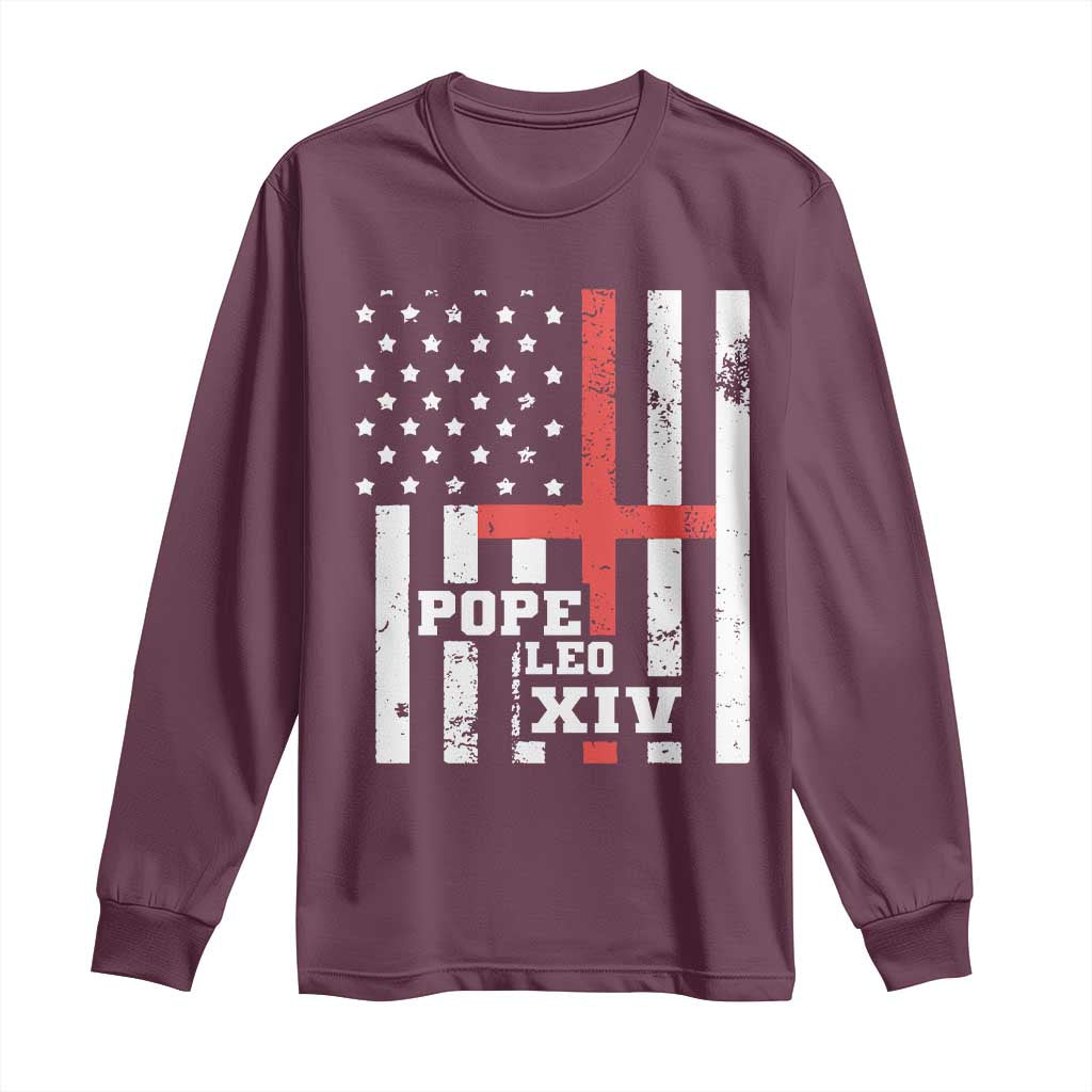 Pope Leo XIV Long Sleeve Shirt First American Pope Catholic Religious Cross American Flag