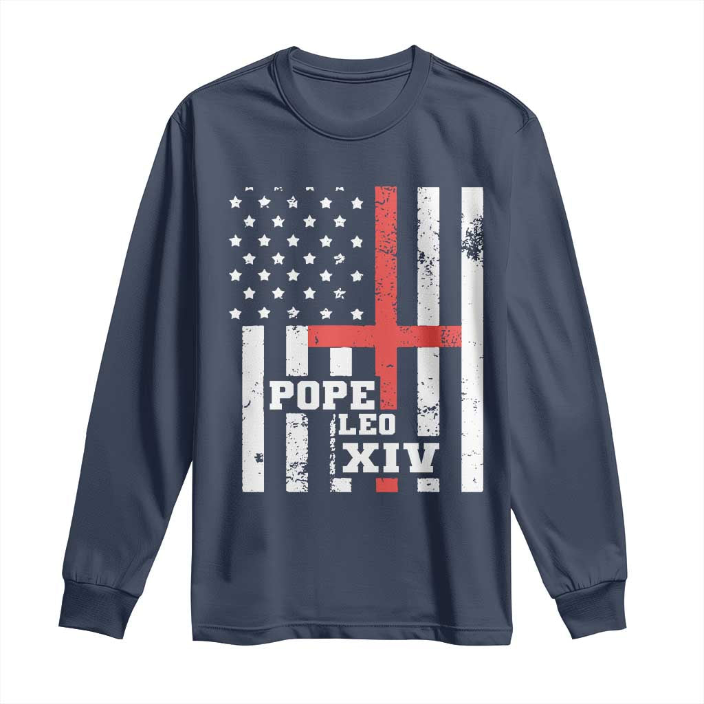 Pope Leo XIV Long Sleeve Shirt First American Pope Catholic Religious Cross American Flag