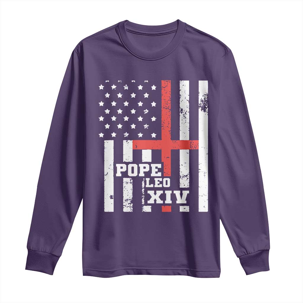 Pope Leo XIV Long Sleeve Shirt First American Pope Catholic Religious Cross American Flag