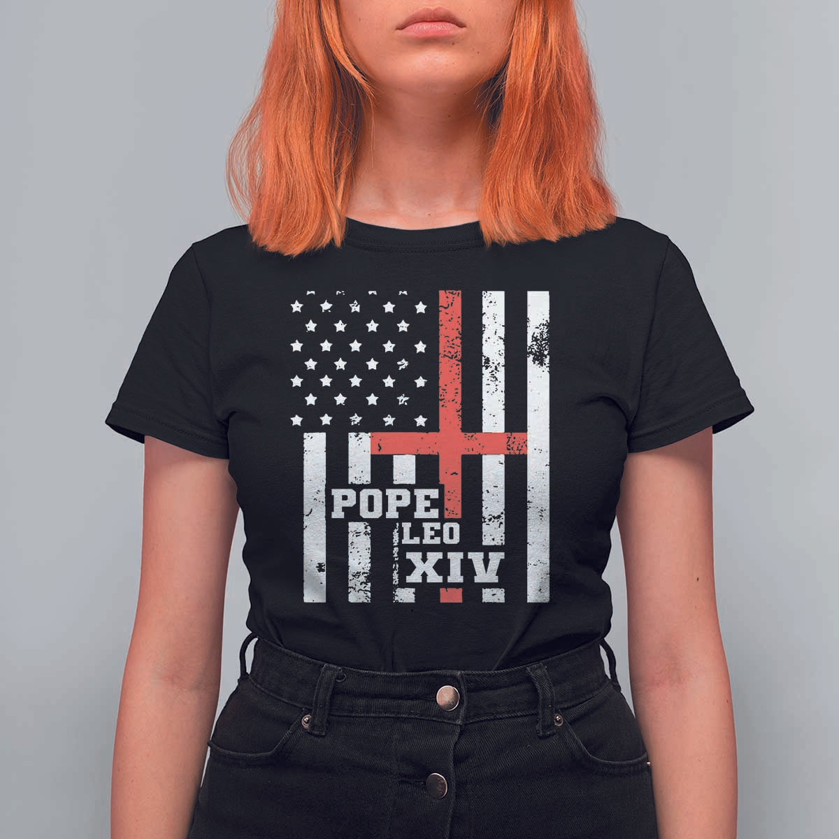 Pope Leo XIV T Shirt For Women First American Pope Catholic Religious Cross American Flag