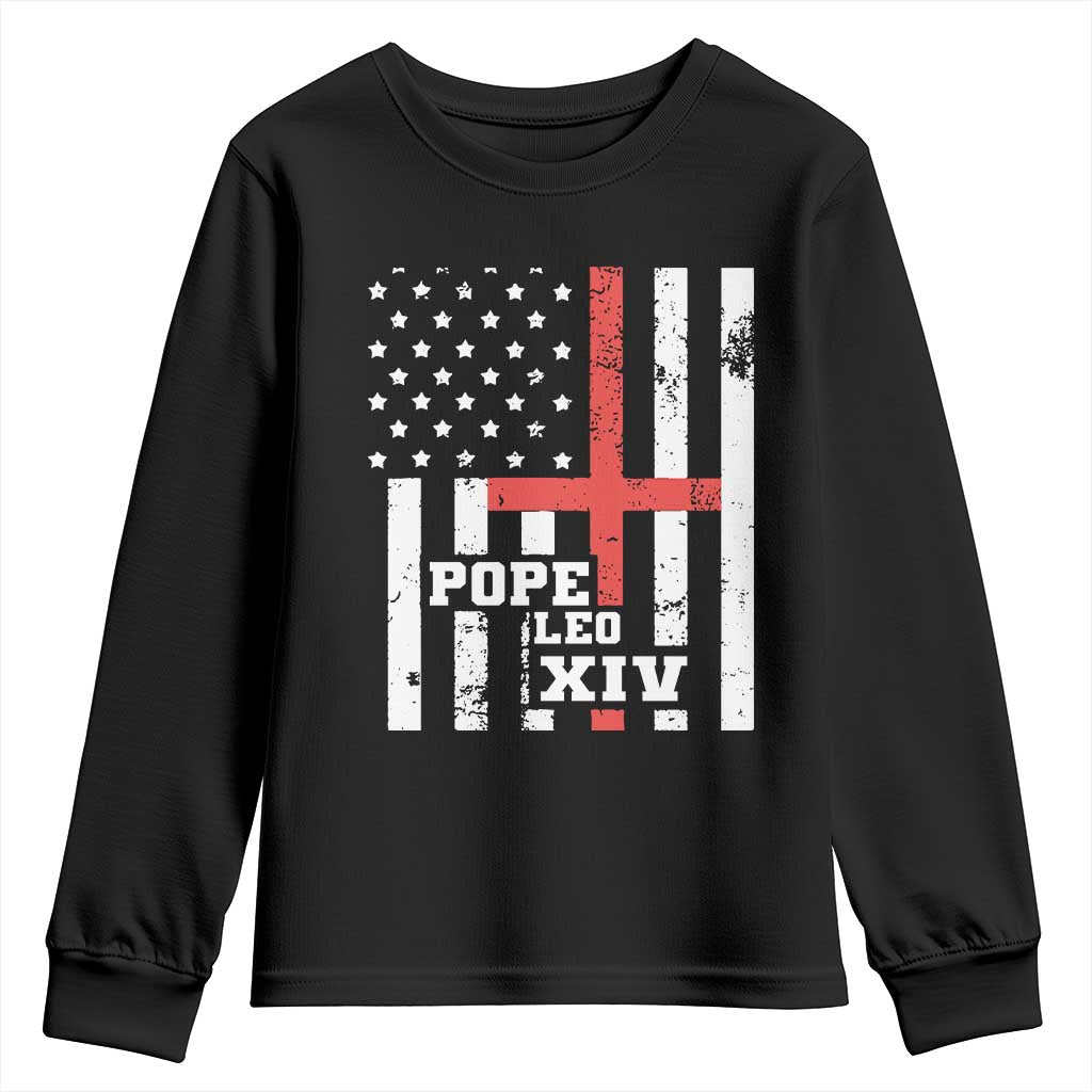 Pope Leo XIV Youth Sweatshirt First American Pope Catholic Religious Cross American Flag