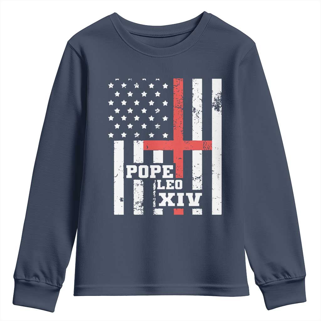 Pope Leo XIV Youth Sweatshirt First American Pope Catholic Religious Cross American Flag