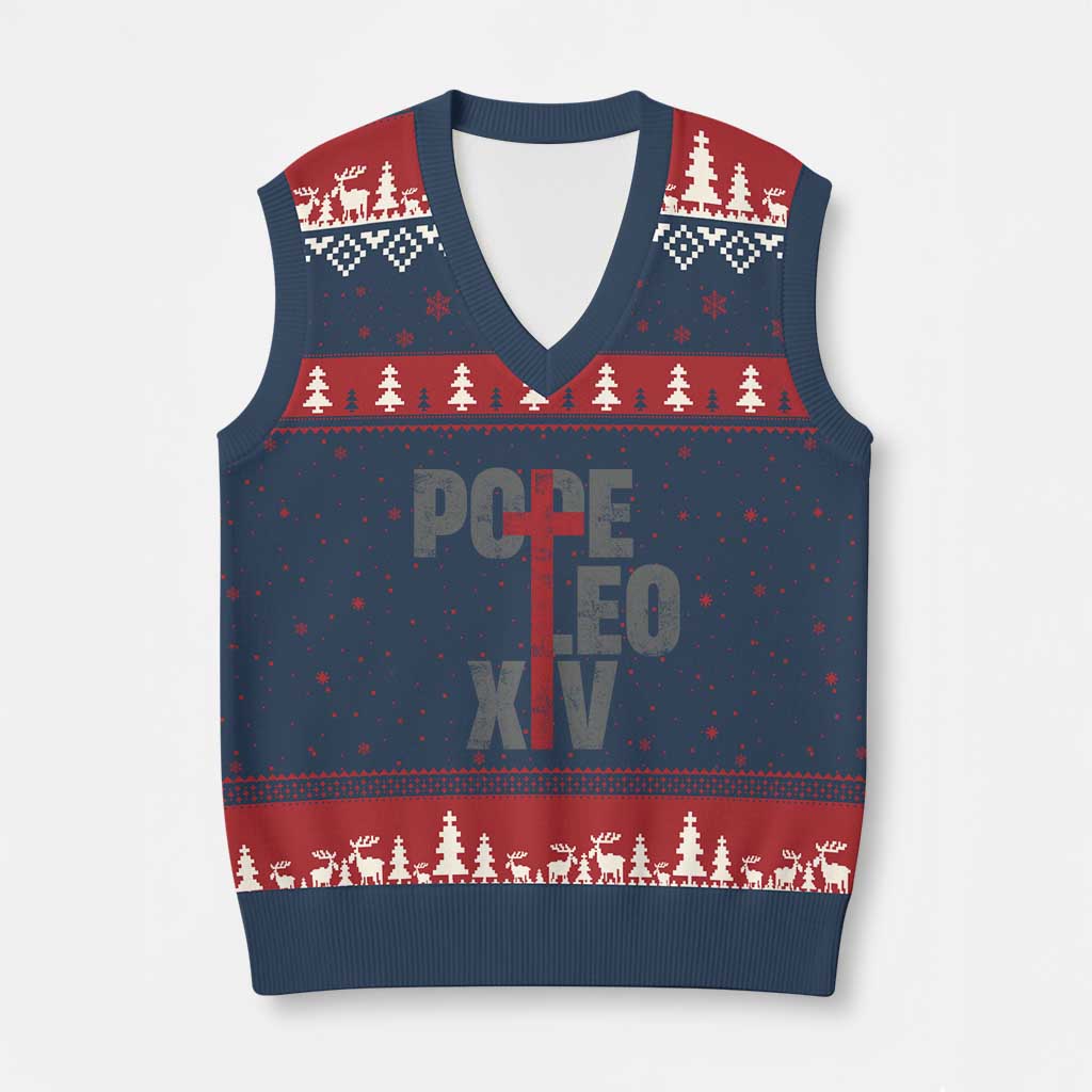 Pope Leo XIV V-Neck Knit Sweater Vest First American Pope Catholic Religious Cross - Wonder Print Shop