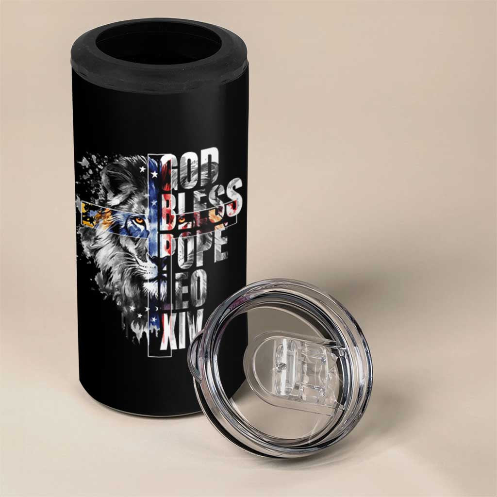 God Bless Pope Leo XIV 4 in 1 Can Cooler Tumbler Lion American Flag