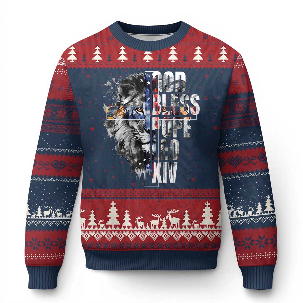 God Bless Pope Leo XIV Ugly Christmas Sweater Lion American Flag - Wonder Print Shop