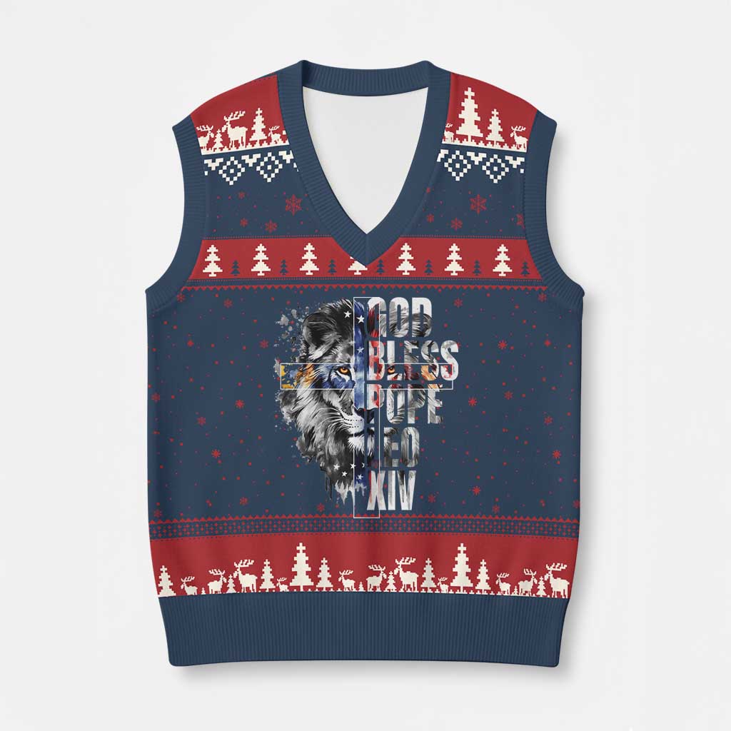 God Bless Pope Leo XIV V-Neck Knit Sweater Vest Lion American Flag - Wonder Print Shop