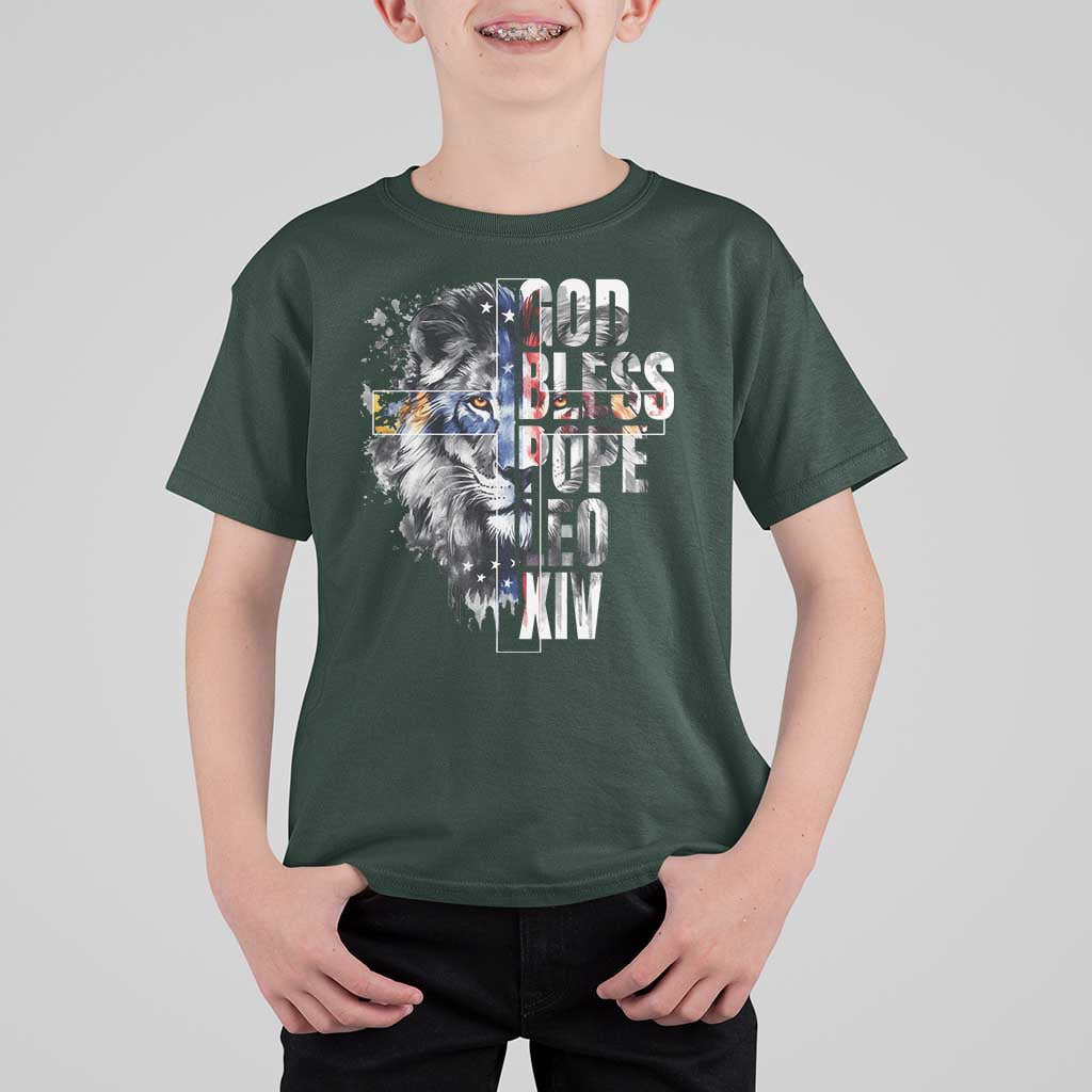 God Bless Pope Leo XIV T Shirt For Kid Lion American Flag