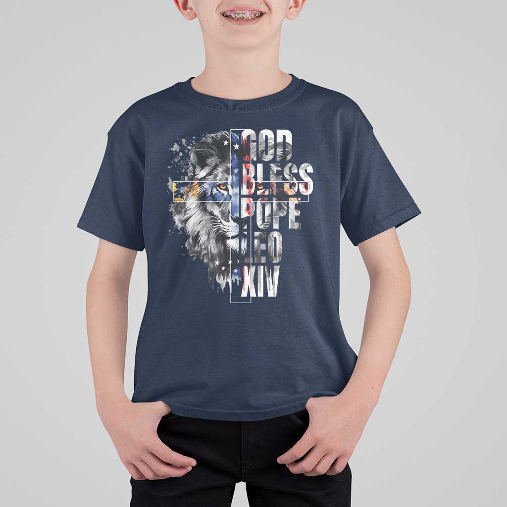 God Bless Pope Leo XIV T Shirt For Kid Lion American Flag